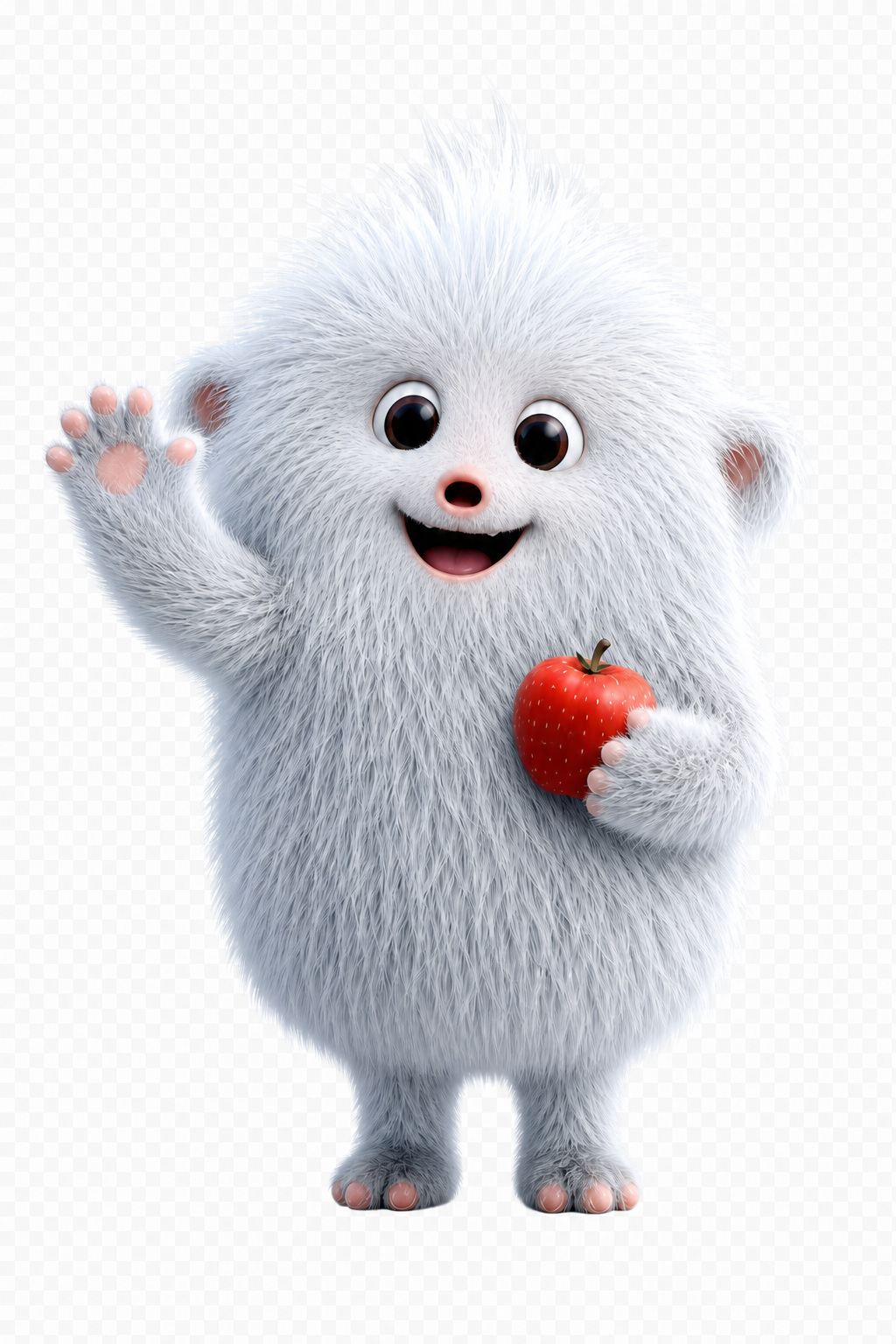 Pip smiling and waving while holding a red apple